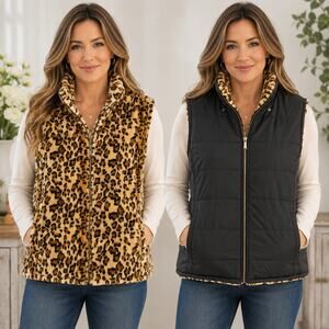 Rue+ 3X Reversible Leopard Faux Fur Black Puffer Vest Plus Size Pockets